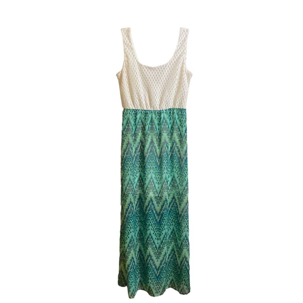 Lily Rose Maxi Dress Green Aztec Tribal Pattern Lined- Size M